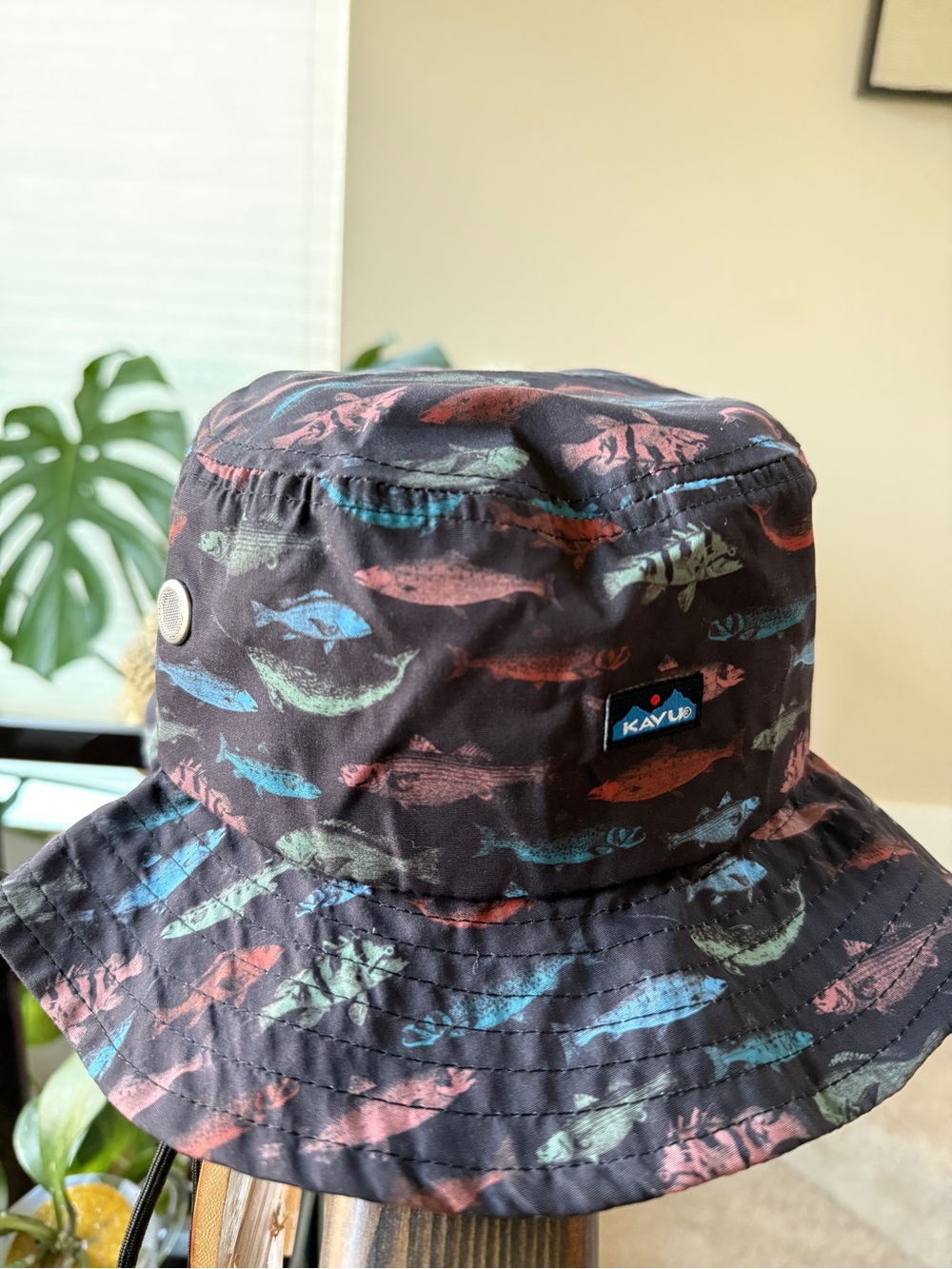 Kavu Fish Stamp Bucket Hat in Black with Teal and Pink Fish - Picture 2 of 8